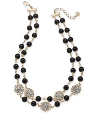 Charter Club Gold-tone Crystal Flower & Jet Imitation Pearl Double-row Collar Necklace, 18 + 2 Extender, Created For Macy's