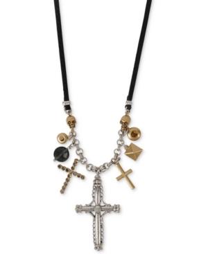 Lucky Brand Two-tone Crystal Cross Leather Charm Necklace, 29-1/2 + 2 Extender