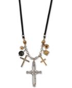 Lucky Brand Two-tone Crystal Cross Leather Charm Necklace, 29-1/2 + 2 Extender