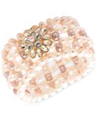 Carolee Gold-tone Crystal & Pink Imitation Pearl Flower Woven Stretch Bracelet