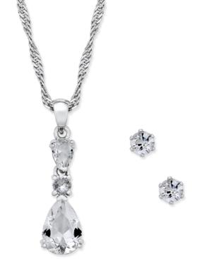 Charter Club Silver-tone Teardrop Crystal Pendant Necklace And Stud Earrings