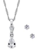 Charter Club Silver-tone Teardrop Crystal Pendant Necklace And Stud Earrings