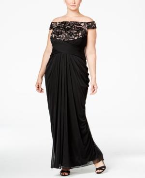 Adrianna Papell Plus Size Off-the-shoulder Lace-trim Gown