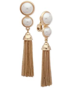 Anne Klein Gold-tone Imitation Pearl & Chain Tassel Clip-on Drop Earrings