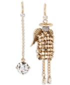 Betsey Johnson Gold-tone Crystal Drop And Angel Mismatch Earrings