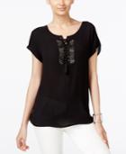 Ny Collection Lace-up Beaded Peasant Top