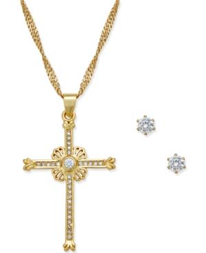 City By City Gold-tone Cross Pendant Necklace And Stud Earrings