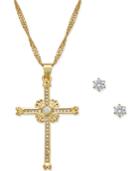 City By City Gold-tone Cross Pendant Necklace And Stud Earrings