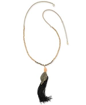Gold-tone Beaded Jet Tassel And Leaf Pendant Necklace