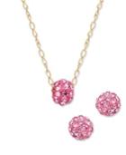 Children's 14k Gold Necklace And Earring Set, Pink Crystal Ball Necklace And Earring Set