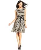 Sl Fashions Metallic-lace-stripe Belted Dress