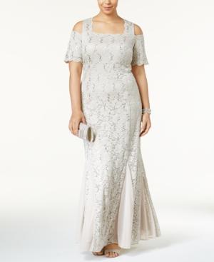 R & M Richards Plus Size Sequined Lace Cold-shoulder Gown