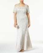 R & M Richards Plus Size Sequined Lace Cold-shoulder Gown