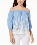Bcx Juniors' Embroidered Chambray Off-the-shoulder Blouse