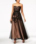 Betsy & Adam Printed Mesh Strapless Gown