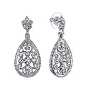 2028 Silver-tone Crystal Filigree Pearshape Drop Earrings
