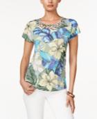 Alfred Dunner Floral-print Beaded Top