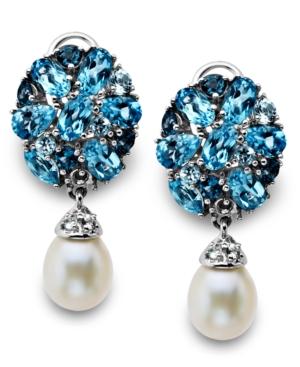 Sterling Silver Earrings, Cultured Freshwater Pearl (7mm X 9mm) And Blue Topaz Drop Earrings (4-3/8 Ct. T.w.)