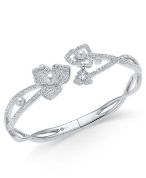 Eliot Danori Silver-tone Imitation Pearl And Pave Twisted Flower Hinged Bracelet