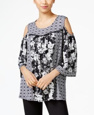 Ny Collection Petite Mixed-print Cold-shoulder Top