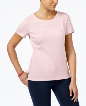 Karen Scott Cotton Lace-yoke T-shirt, Created For Macy's