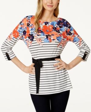 Charter Club Petite Mixed-print Belted Top, Only At Macy's