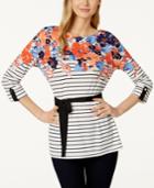 Charter Club Petite Mixed-print Belted Top, Only At Macy's