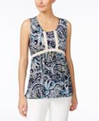 Ny Collection Petite Printed Crochet-trim Top