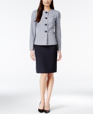 Le Suit Plaid Collarless Tweed Skirt Suit