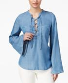 Guess Lace-up Bell-sleeve Chambray Top