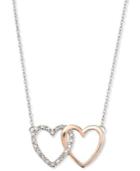 14k White And Rose Gold Necklace, Diamond Accent Double Heart Interlocking Pendant