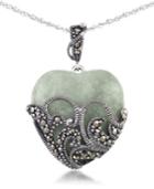 Green Jade (24 X 24mm) & Marcasite Heart Pendant On 18 Chain In Sterling Silver