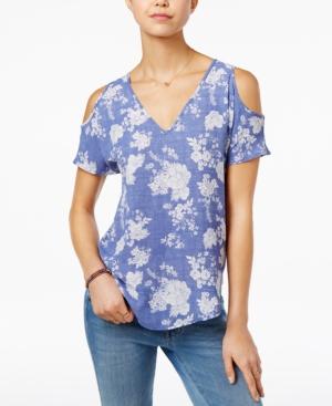 Hippie Rose Juniors' Printed Cold-shoulder V-neck Top