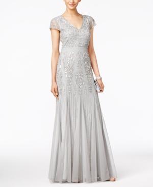 Adrianna Papell Cap-sleeve Beaded V-neck Gown