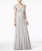 Adrianna Papell Cap-sleeve Beaded V-neck Gown