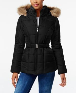 Rampage Faux-fur-trim Hooded Belted Puffer Coat, Only At Macy's