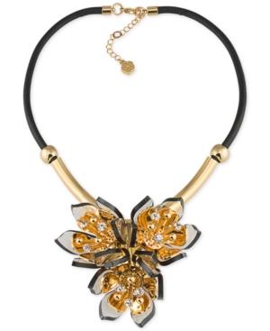 Trina Turk Gold-tone Black Leather Multi-crystal And Stone Flower Statement Necklace