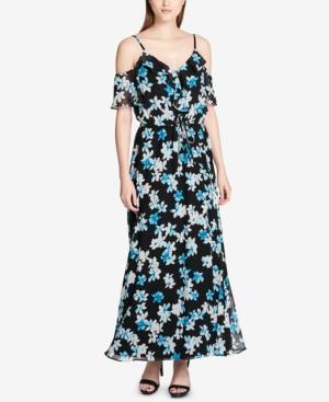Calvin Klein Printed Ruffled Cold-shoulder Maxi Dress