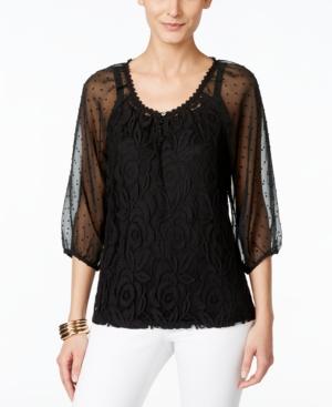 Style & Co. Sheer-sleeve Embroidered Top, Only At Macy's