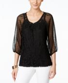 Style & Co. Sheer-sleeve Embroidered Top, Only At Macy's