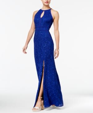 Morgan & Company Juniors' Sequined Lace Keyhole Halter Gown