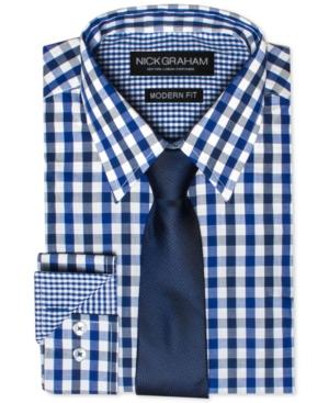 Nick Graham Men's Modern Fitted Multi-gingham Dress Shirt & Solid Tie Set