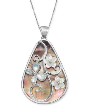 Black & White Mother-of-pearl Floral Teardrop 24 Pendant Necklace In Sterling Silver