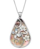 Black & White Mother-of-pearl Floral Teardrop 24 Pendant Necklace In Sterling Silver