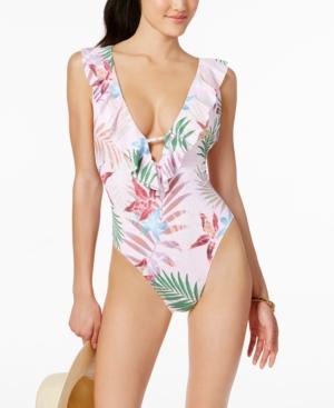 Bar Iii Palm Reader Printed Ruffled One-piece Swimsuit Women's Swimsuit