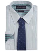 Nick Graham Men's Fitted Green Stripe Dress Shirt & Blue Solid Tie With Green Dots Set