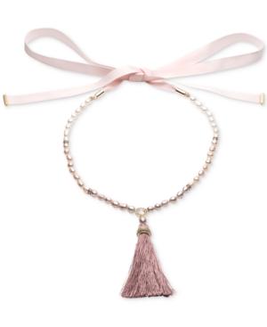 Carolee Gold-tone Pave, Imitation Pearl & Pink Tassel Ribbon Necklace, 17 To 40