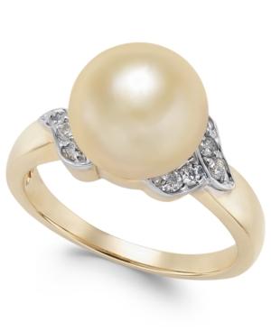 Cultured Golden South Sea Pearl (9mm) And Diamond (1/6 Ct. T.w.) Ring In 14k Gold