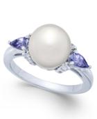 Cultured Freshwater Pearl (9mm), Tanzanite (3/8 Ct. T.w.) & Diamond Accent Ring In 14k White Gold