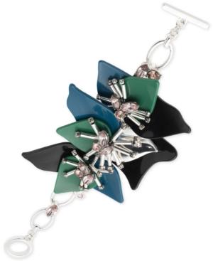 Anne Klein Silver-tone Pink Crystal & Colored Sculptural Leaf Bracelet